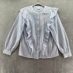 TheGET Top Womens S White Blue Striped Ruffle Button Up Crew Neck Preppy Career
